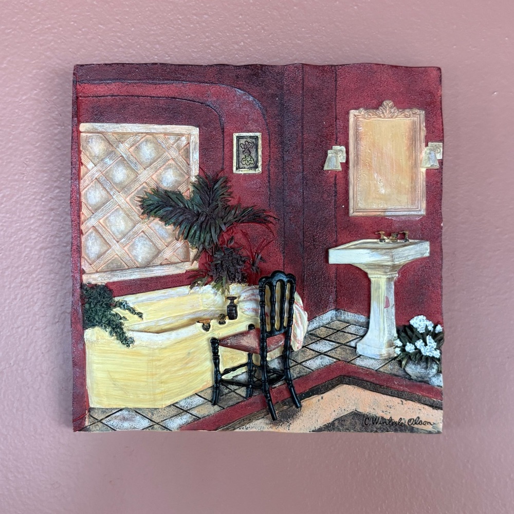 Vintage 3D Resin Bathroom Scene Wall Art Plaque
